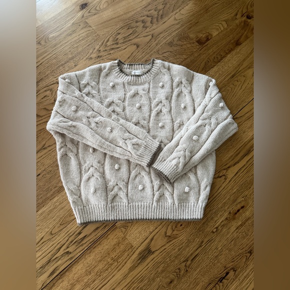 Blu Pepper Sweaters - Blu Pepper Cream Cable-Knit Pom Pom Crewneck Sweater